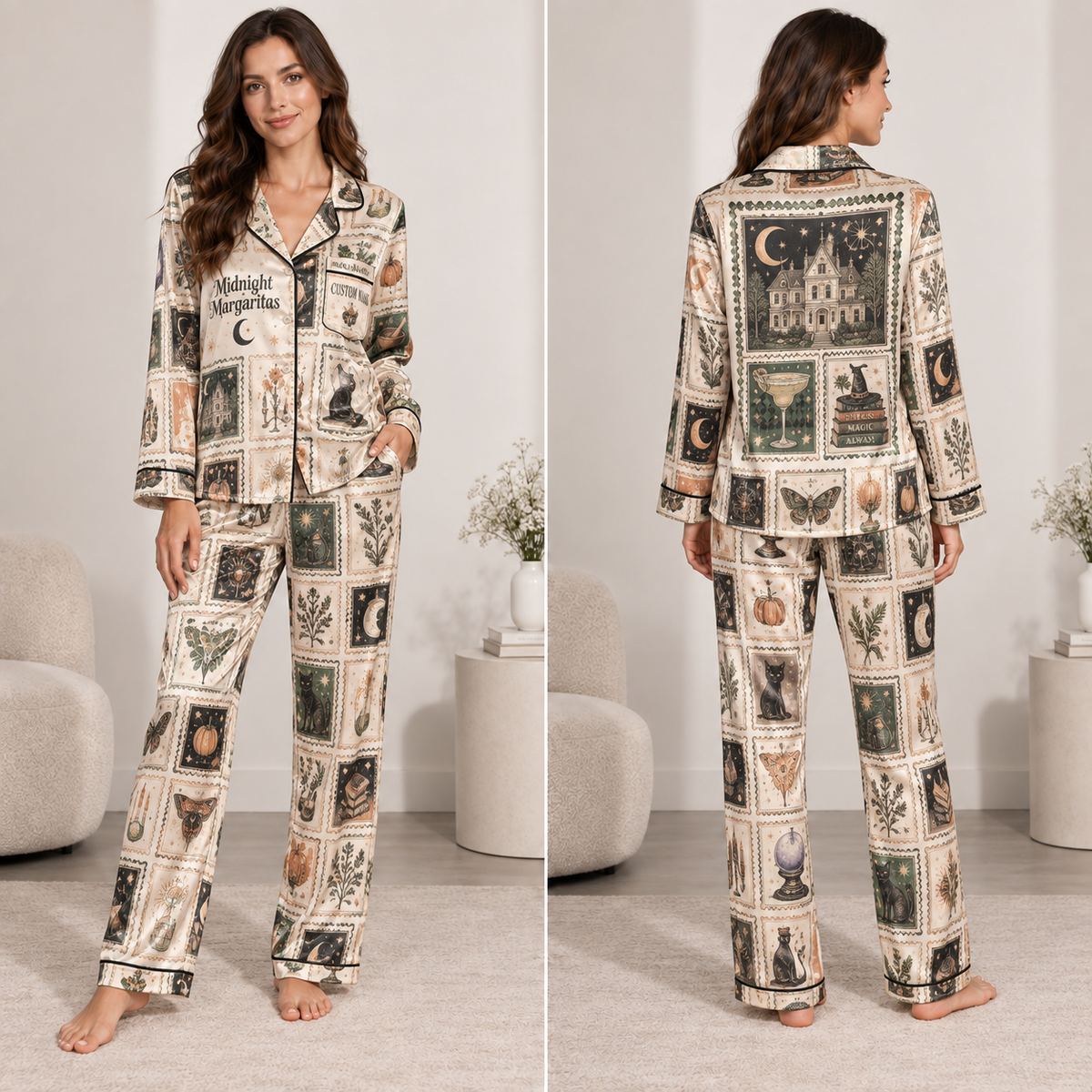 halloween midnight margaritas satin pajama set with cat and pumpkin pattern