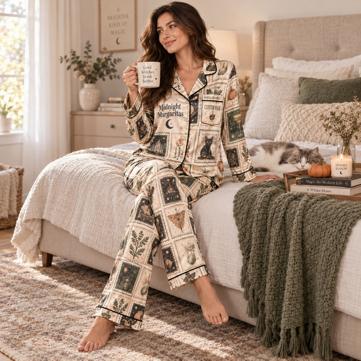 back view of personalized halloween sleepwear showing a haunted house graphic