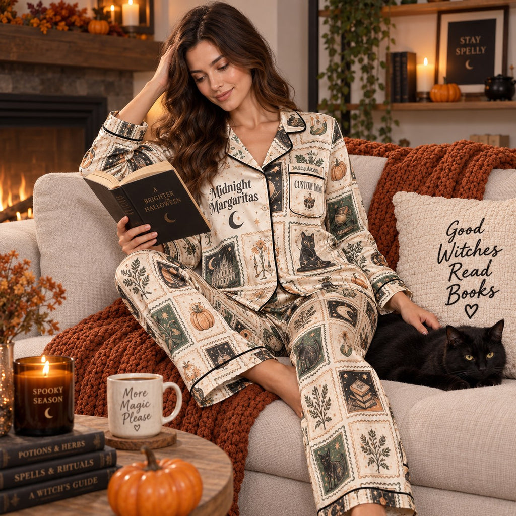 personalized magic themed pajamas worn while reading a halloween book