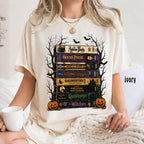 ivory cream tee with vintage halloween movie tape stack graphic