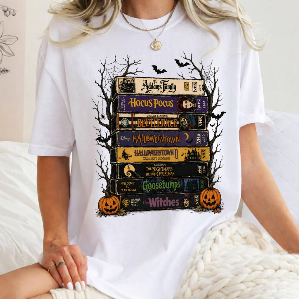 white t shirt with retro vhs tape stack halloween movie graphic print