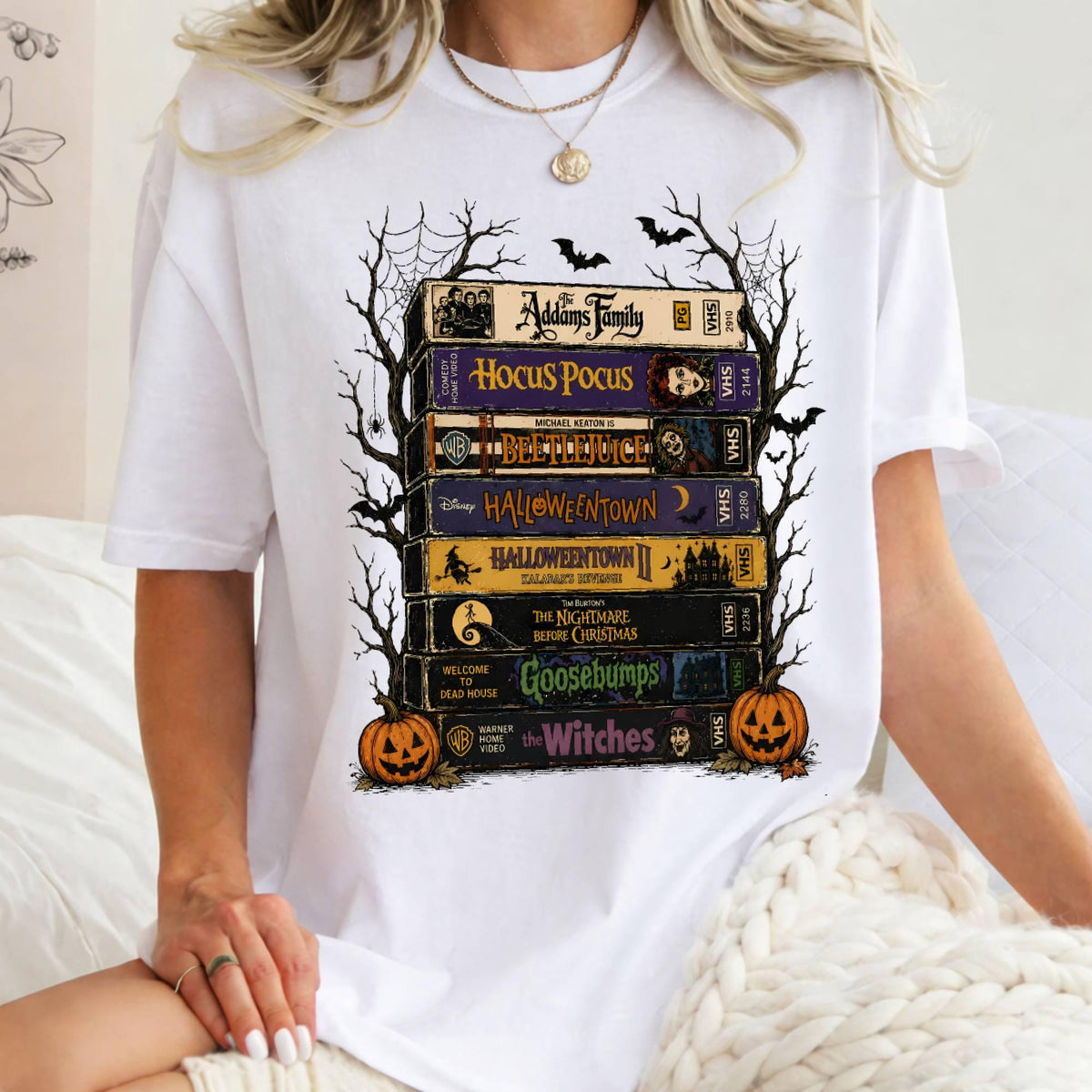 white t shirt with retro vhs tape stack halloween movie graphic print