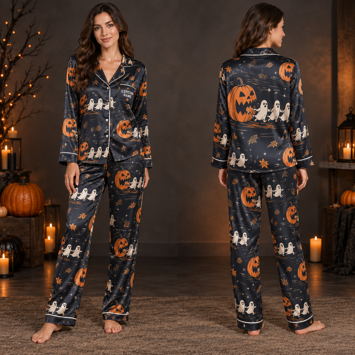 halloween pumpkin and ghost personalized satin pajama set front view on model