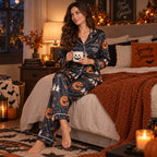 halloween pumpkin and ghost satin pajama set back view showing all-over print