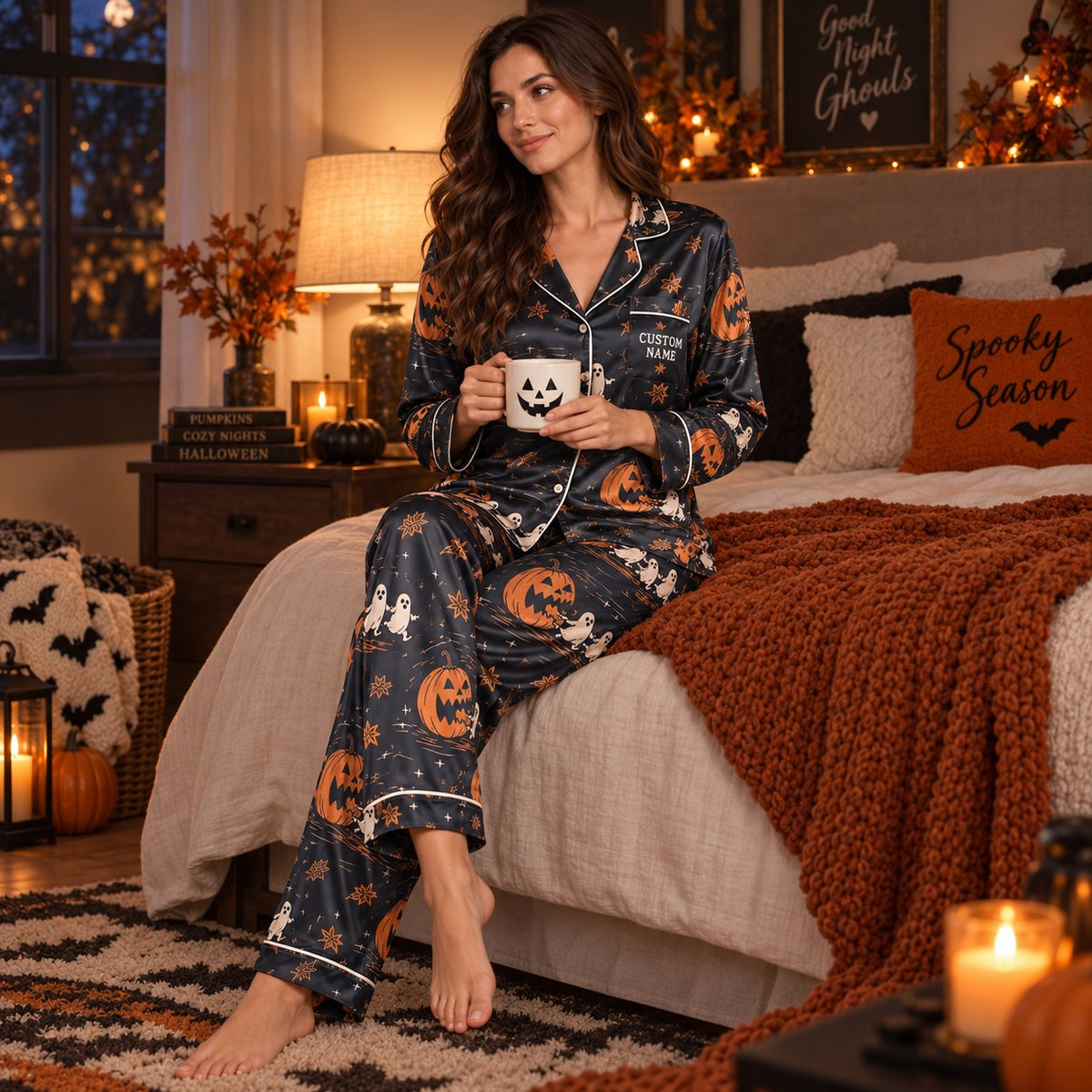 halloween pumpkin and ghost satin pajama set back view showing all-over print