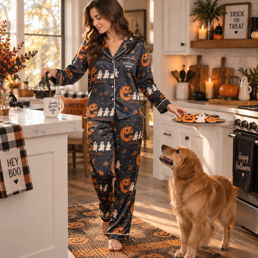 woman pouring coffee in kitchen wearing halloween pumpkin ghost personalized satin pajama