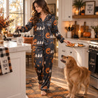 woman pouring coffee in kitchen wearing halloween pumpkin ghost personalized satin pajama