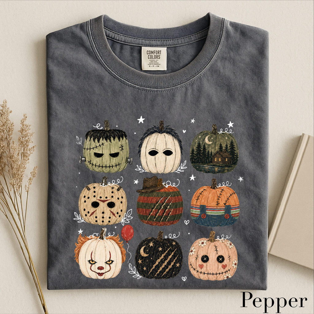 folded halloween pumpkins graphic tee in pepper grey color option