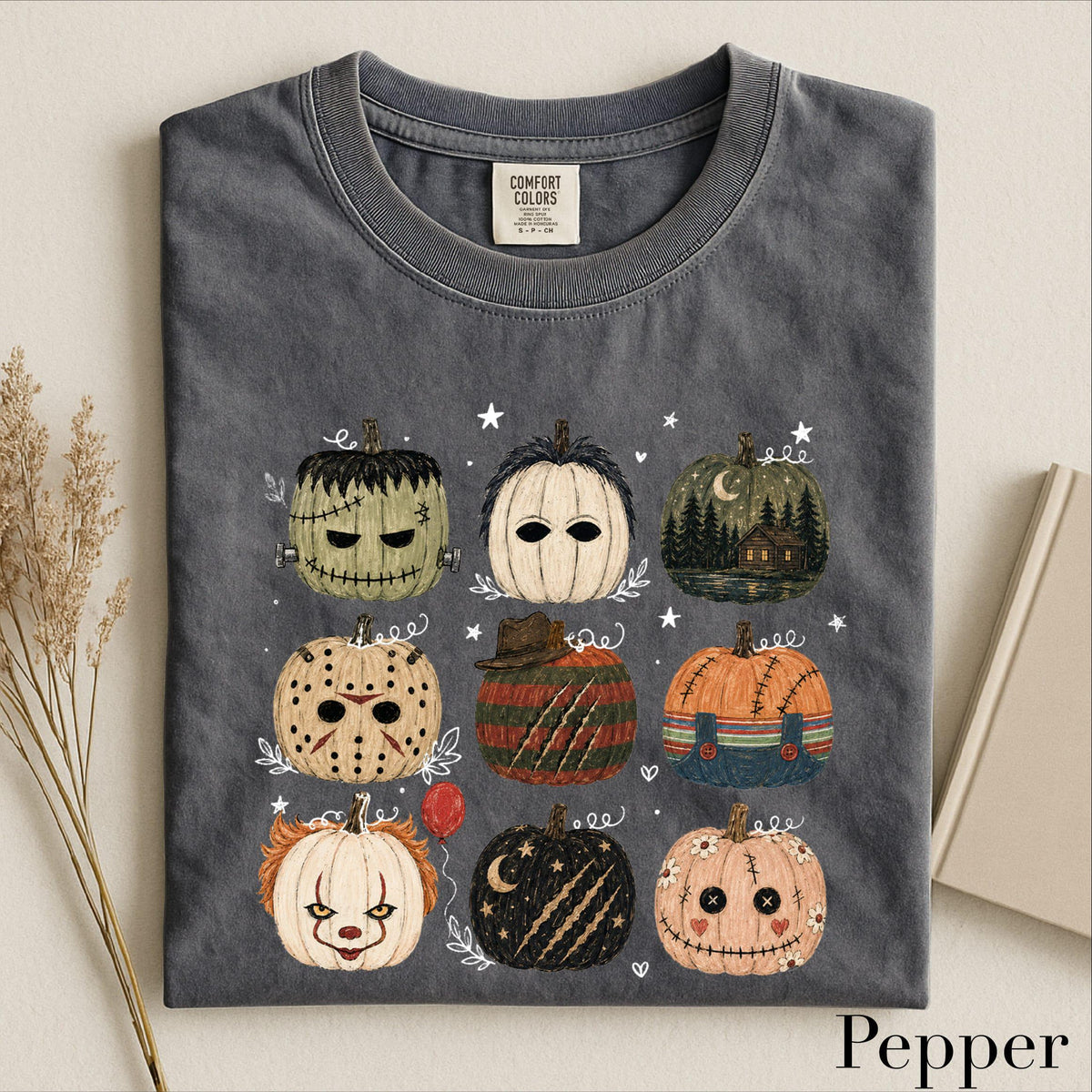 folded halloween pumpkins graphic tee in pepper grey color option