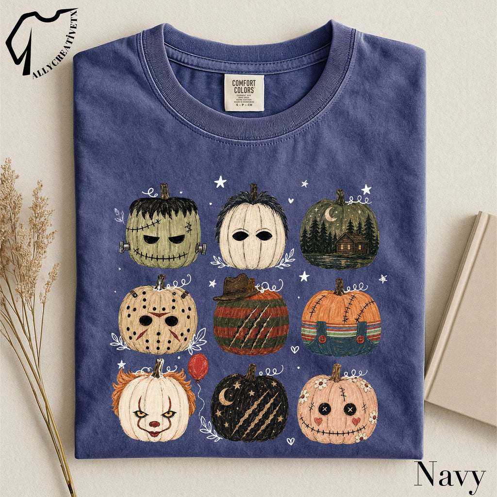 folded halloween pumpkins graphic tee in navy blue color option
