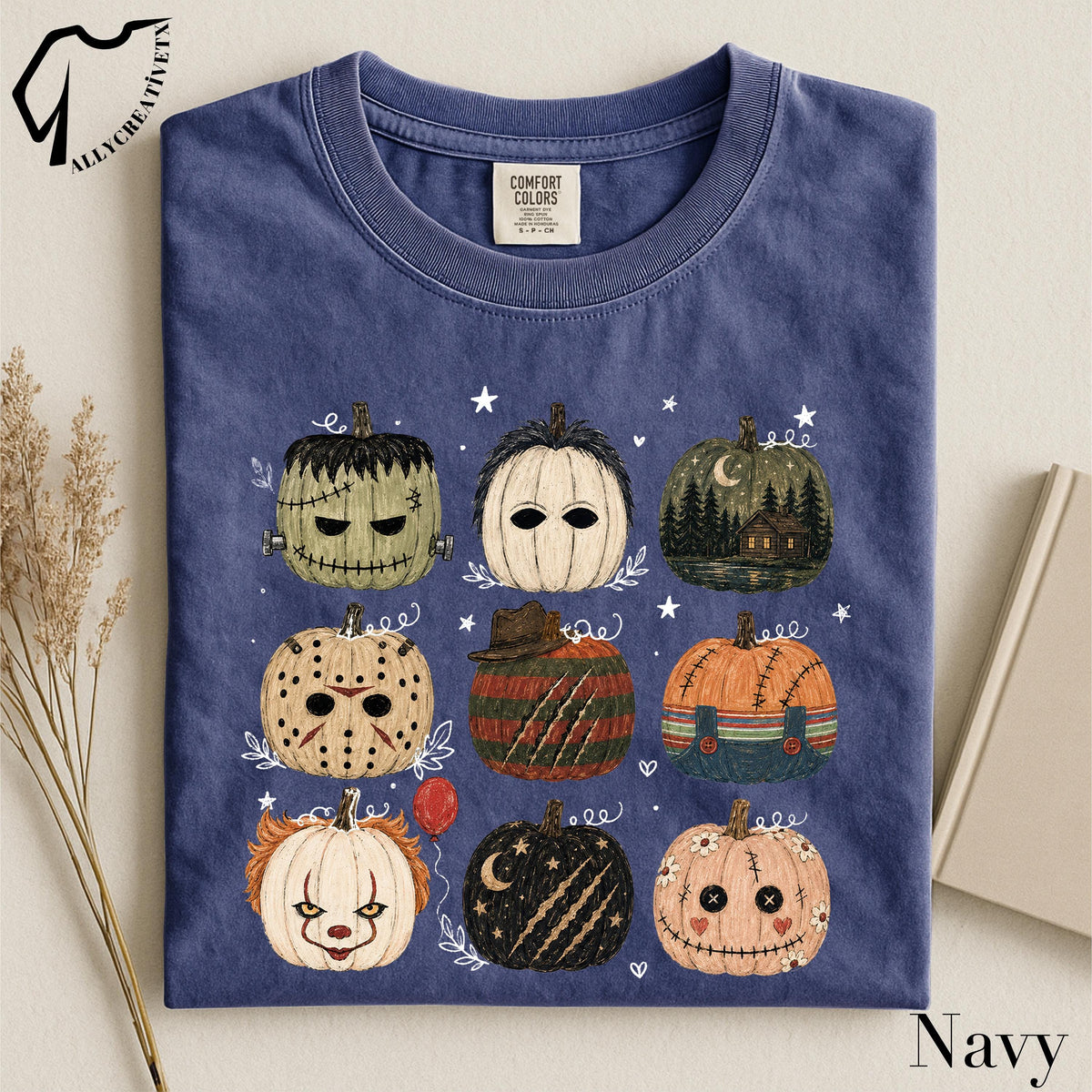 folded halloween pumpkins graphic tee in navy blue color option