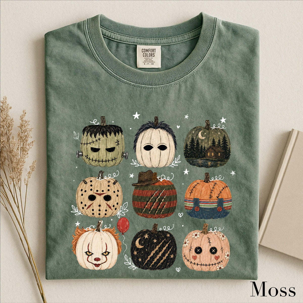 folded halloween pumpkins graphic tee in moss green color option