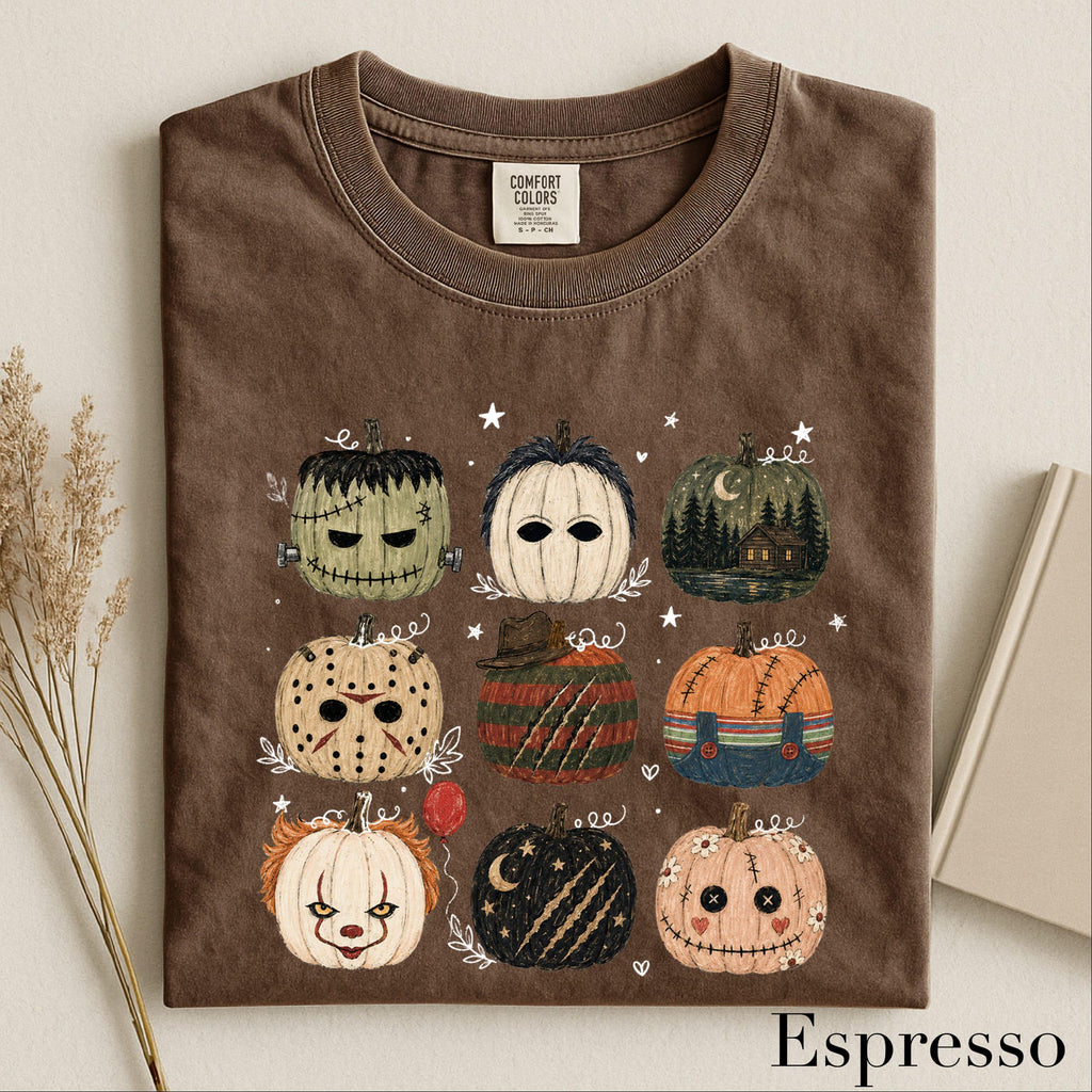folded halloween pumpkins graphic tee in espresso brown color option