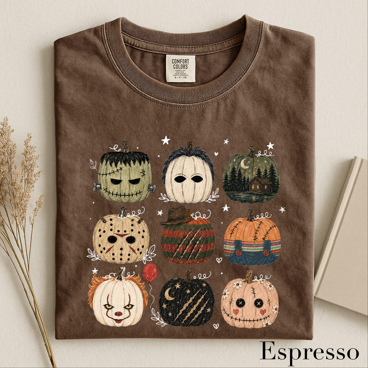 folded halloween pumpkins graphic tee in espresso brown color option