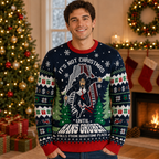 man wearing a navy die hard ugly christmas sweater with the Hans