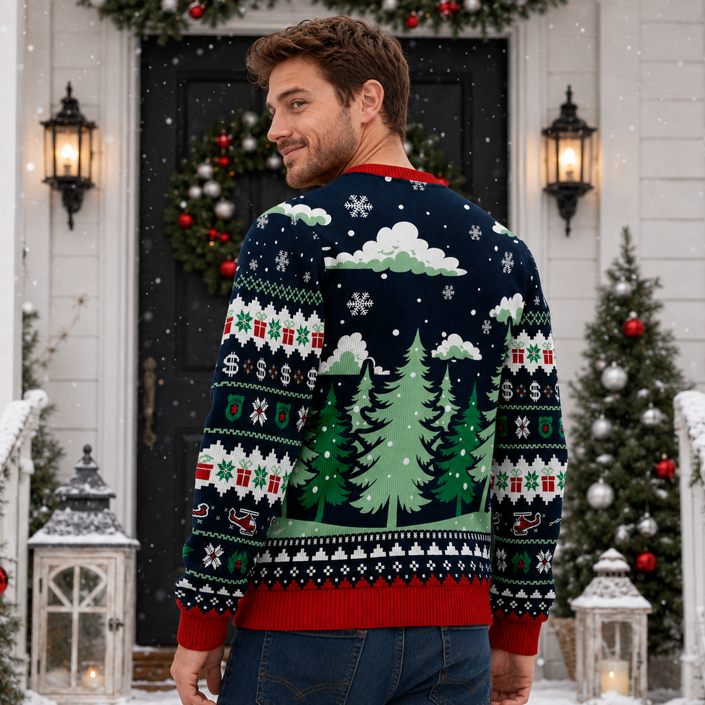 back view of a Nakatomi Plaza Christmas sweater showing knitted pine trees