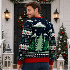back view of a Nakatomi Plaza Christmas sweater showing knitted pine trees