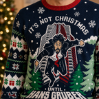 close up of the Hans Gruber ugly Christmas sweater front graphic and
