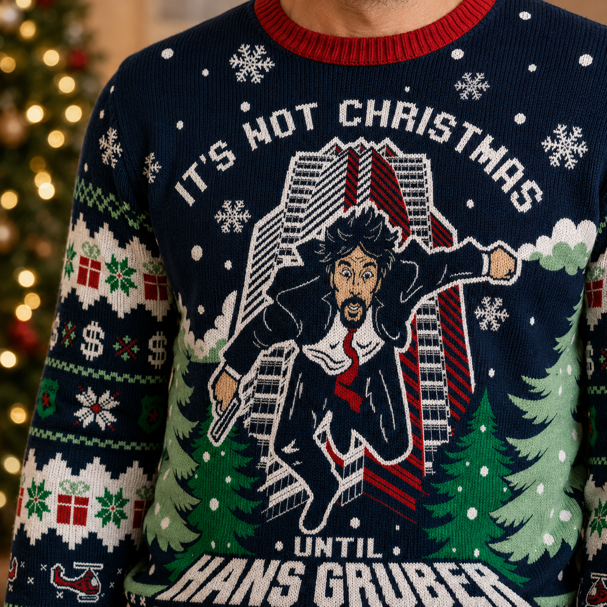 close up of the Hans Gruber ugly Christmas sweater front graphic and
