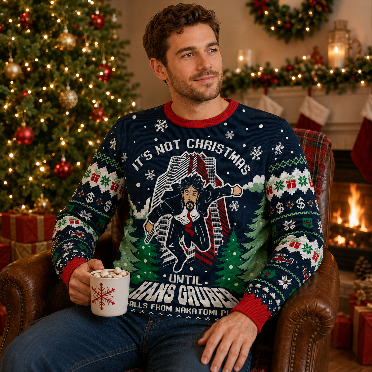 man relaxing in a leather chair wearing the die hard knit Christmas