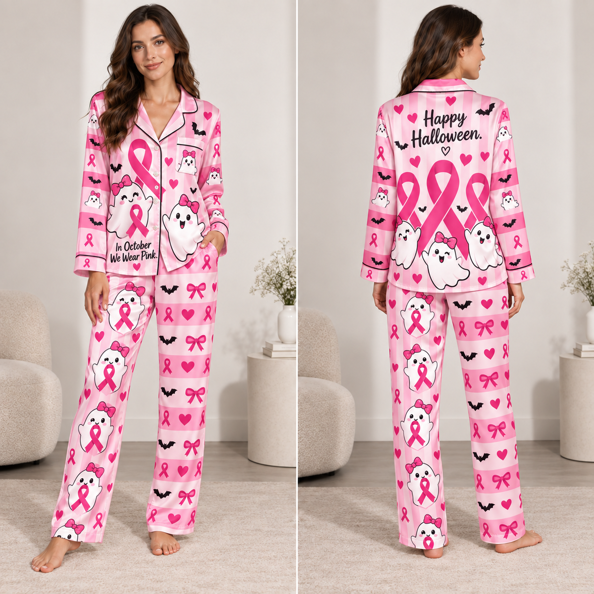 front view of pink satin pyjamas with smiling ghosts, pink ribbons and