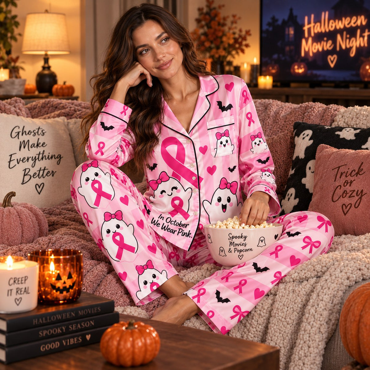 woman sitting on bed wearing pink ghost print satin pyjamas with mug