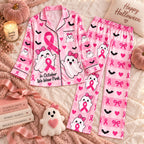 Happy Halloween In October We Wear Pink Ghost Satin Pyjamas, Cute Pink Ribbon Lounge Pyjamas, Button Up Sleep In Pyjamas Gifts For Her