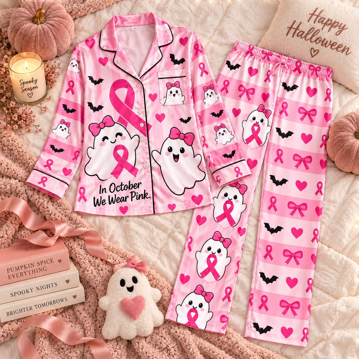 Happy Halloween In October We Wear Pink Ghost Satin Pyjamas, Cute Pink Ribbon Lounge Pyjamas, Button Up Sleep In Pyjamas Gifts For Her