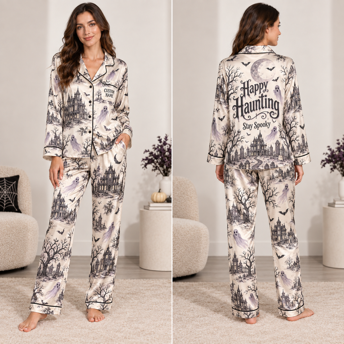 happy haunting stay spooky satin pajama set front view with haunted house