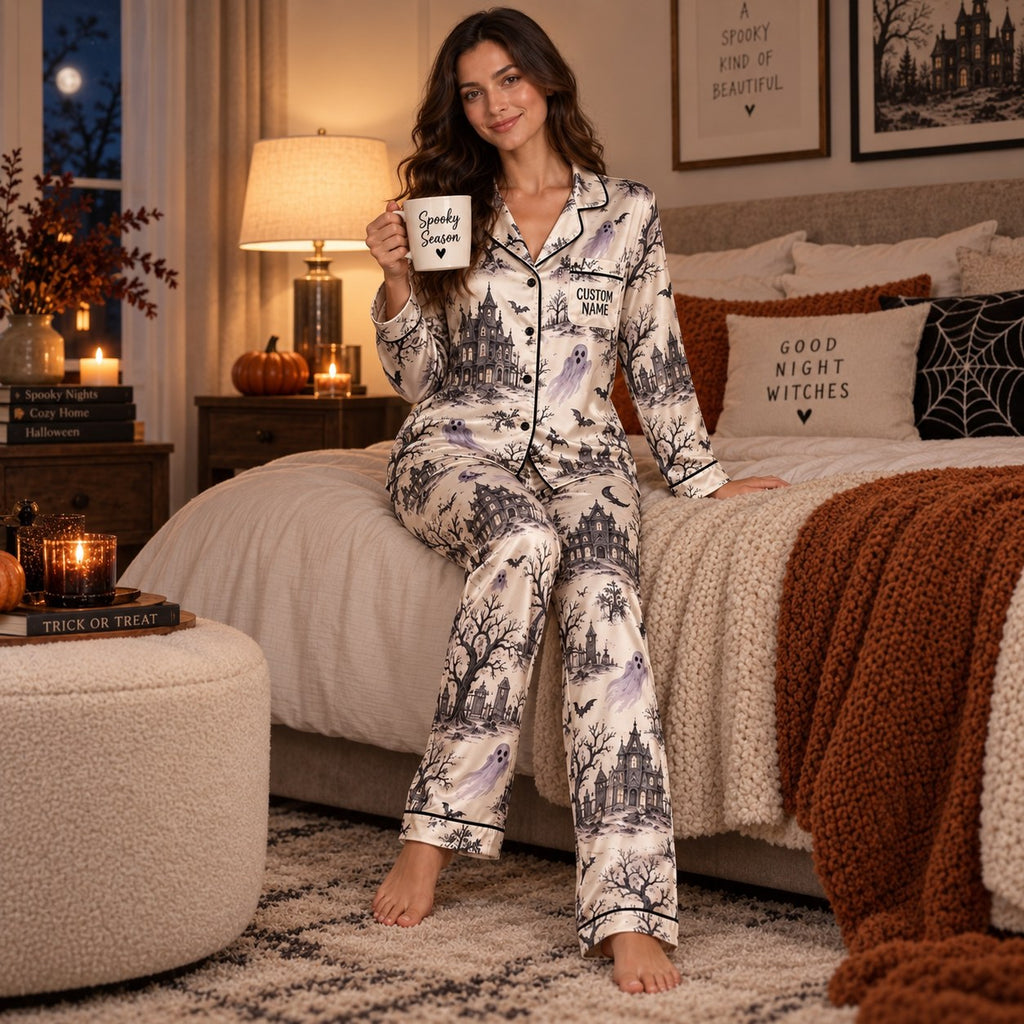 happy haunting stay spooky satin pajama set back view showing gothic print
