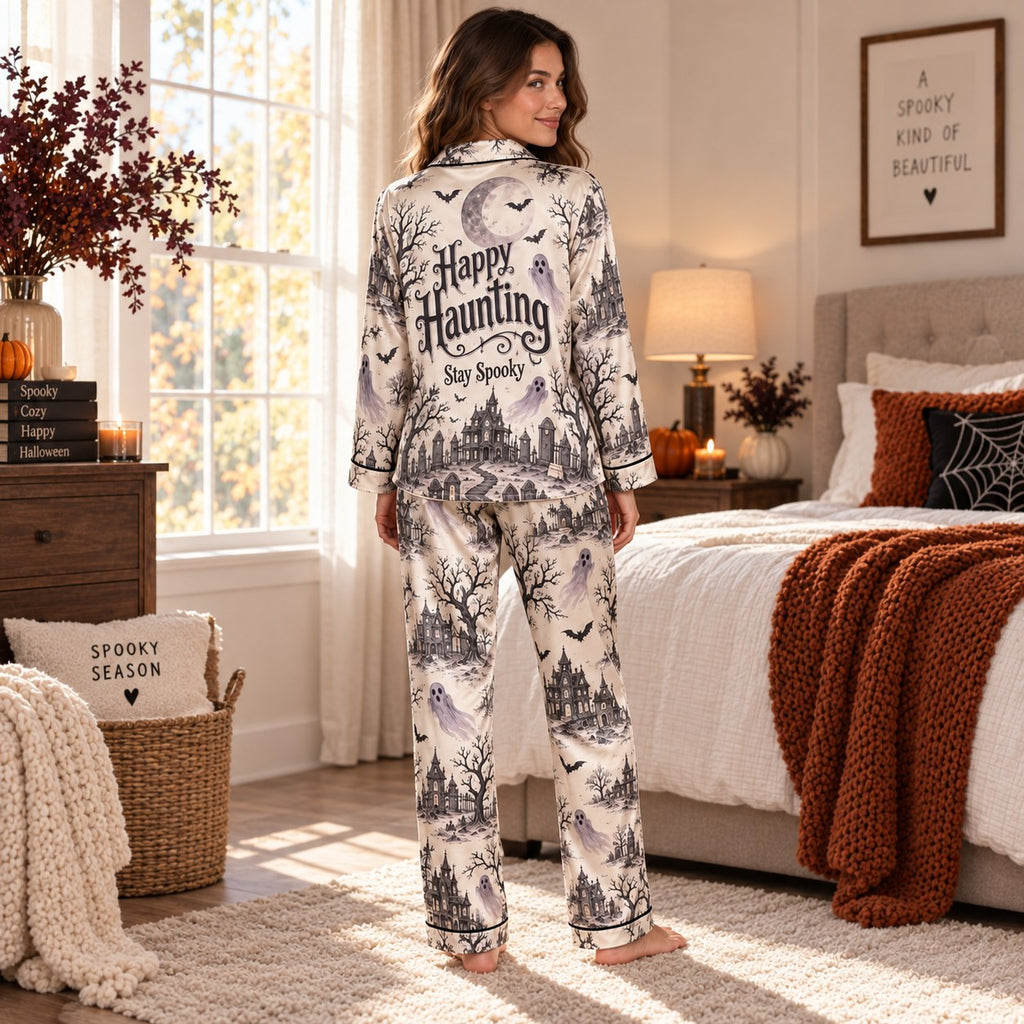 happy haunting stay spooky satin pajama set worn