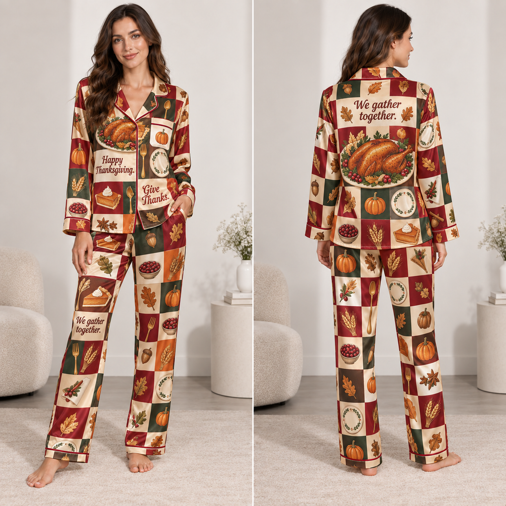 woman wearing happy thanksgiving checkered satin pyjamas in living room