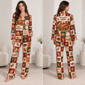 woman wearing happy thanksgiving checkered satin pyjamas in living room