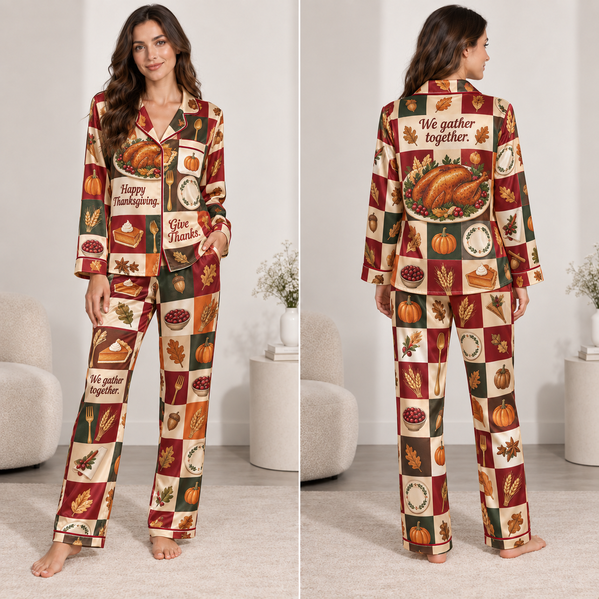 woman wearing happy thanksgiving checkered satin pyjamas in living room