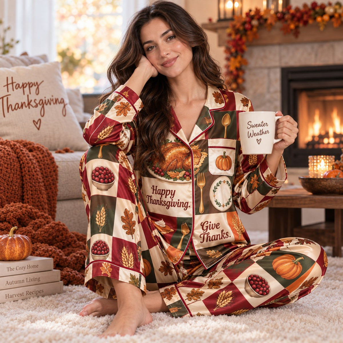 back view of thanksgiving print satin pyjamas on model