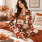 woman sitting on rug holding sweater weather mug in satin pyjamas