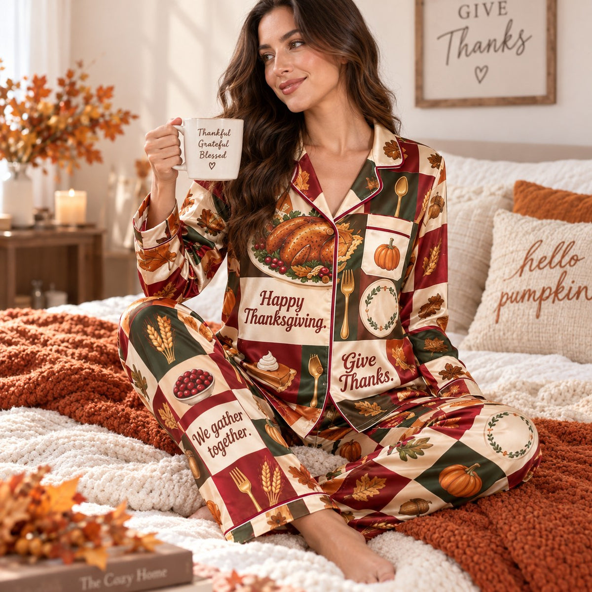 woman sitting on rug holding sweater weather mug in satin pyjamas