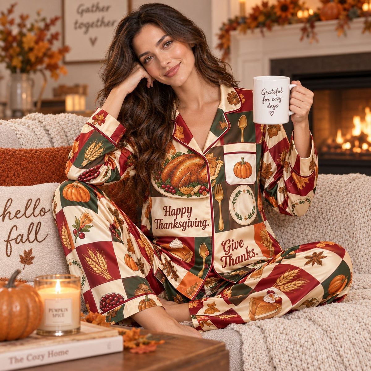woman in satin pyjamas holding thankful grateful blessed coffee mug