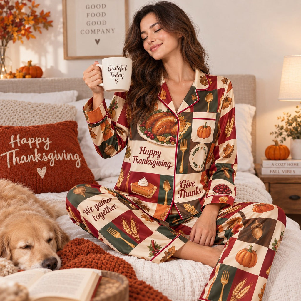 Happy Thanksgiving Checkered Satin Pyjamas, We Gather Together Lounge Pyjamas, Red Satin Pyjamas Gifts For Her