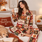 Happy Thanksgiving Checkered Satin Pyjamas, We Gather Together Lounge Pyjamas, Red Satin Pyjamas Gifts For Her