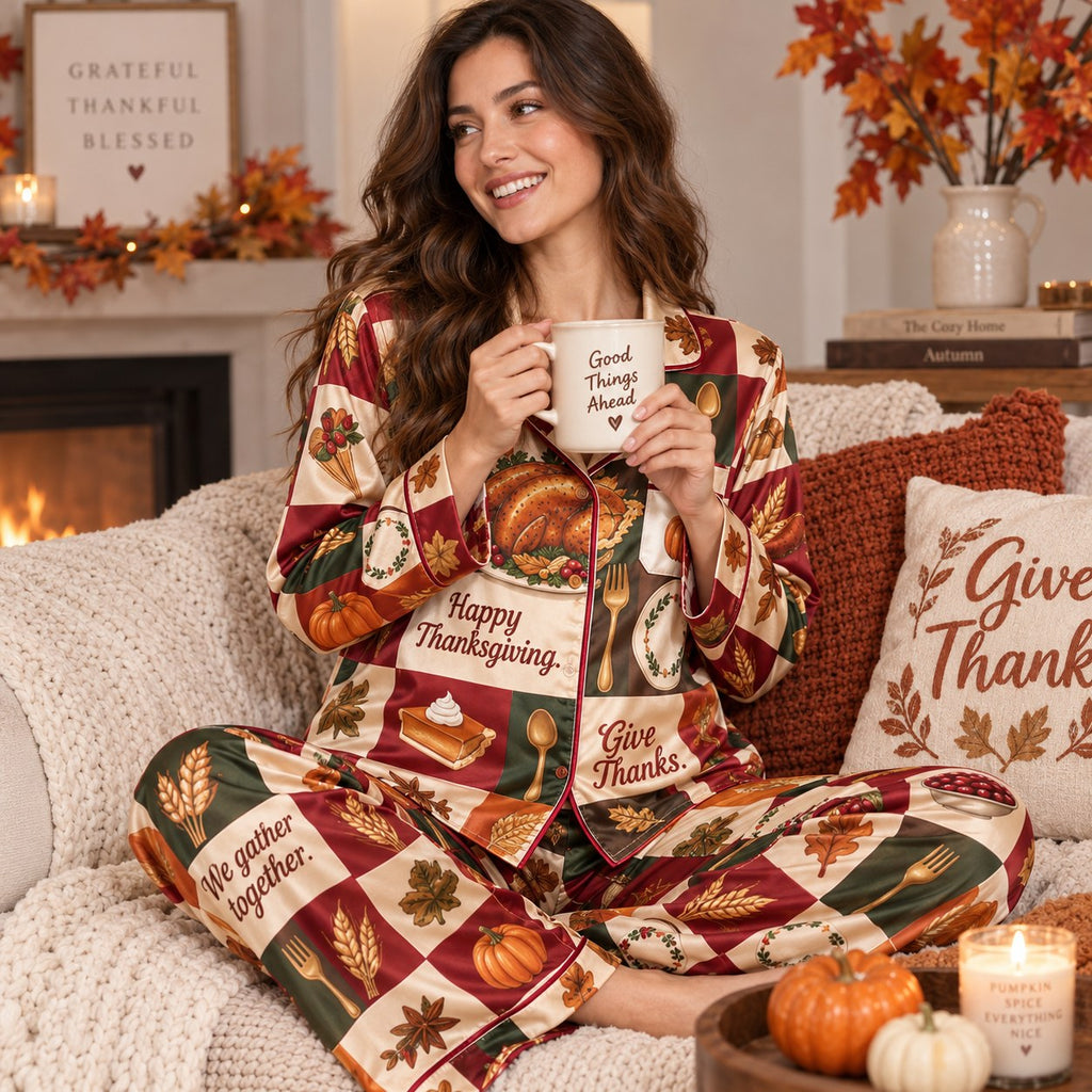 Happy Thanksgiving Checkered Satin Pyjamas, We Gather Together Lounge Pyjamas, Red Satin Pyjamas Gifts For Her
