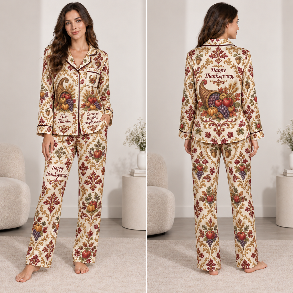 woman modeling satin pajama set with thanksgiving cornucopia and harvest pattern