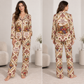 woman modeling satin pajama set with thanksgiving cornucopia and harvest pattern