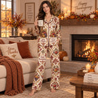 satin pajama set on a woman holding a mug in a fall