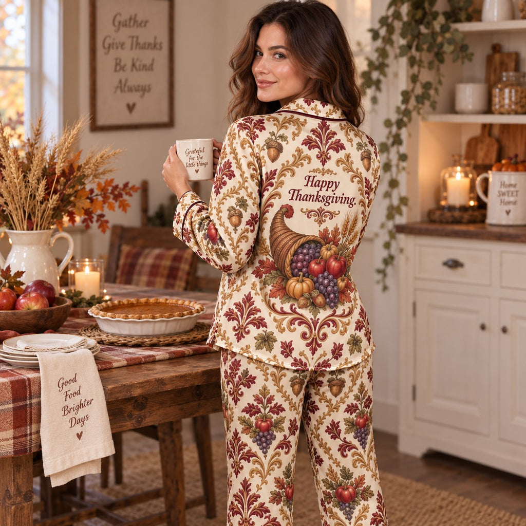 back view of woman wearing a printed satin pajama set at a