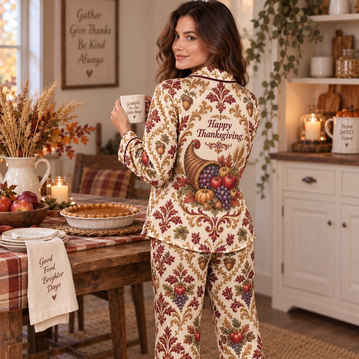 back view of woman wearing a printed satin pajama set at a