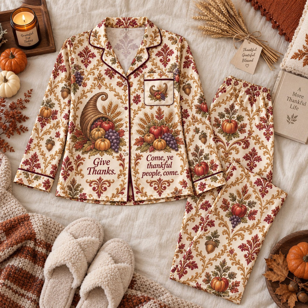 Happy Thanksgiving Give Thanks Satin Pajama Set, Come Ye Thankful People Lounge Pyjamas, Button Up Sleepwear Gifts For Her