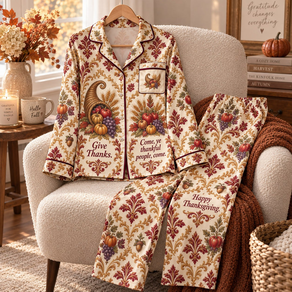 Happy Thanksgiving Give Thanks Satin Pajama Set, Come Ye Thankful People Lounge Pyjamas, Button Up Sleepwear Gifts For Her