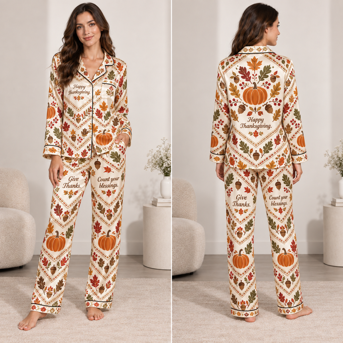 front view of happy thanksgiving pumpkin satin pajamas with autumn leaves print