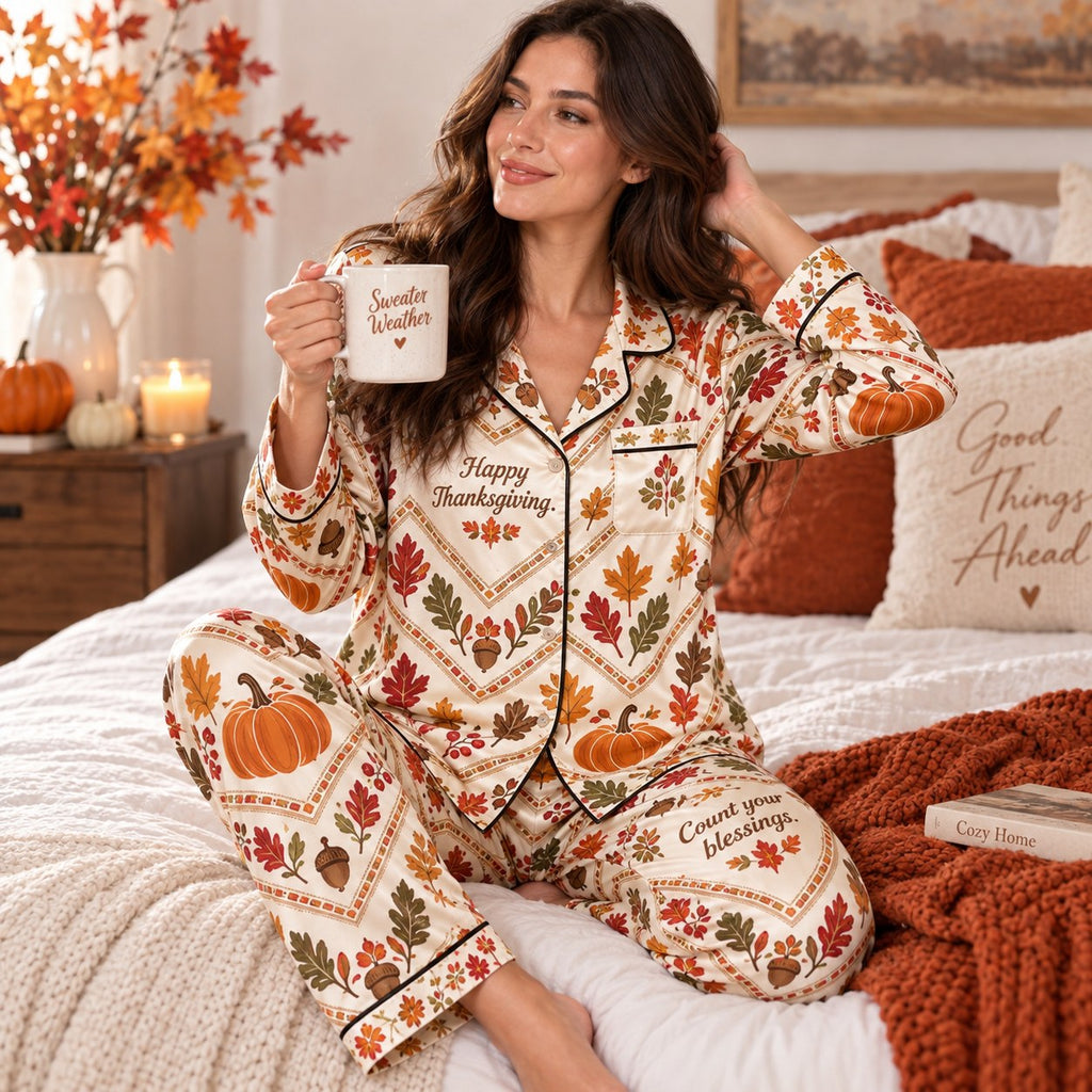 back view of happy thanksgiving harvest satin pajama set showing pumpkin detail